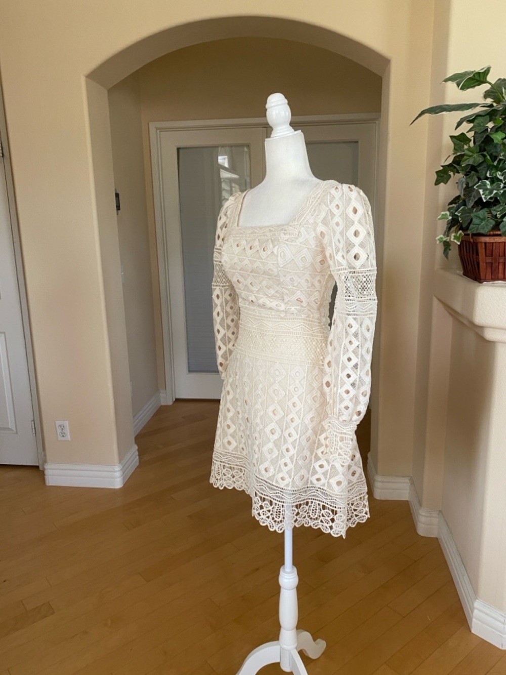 Lace Square-Neck Long Sleeve Mini Dress in Cream
